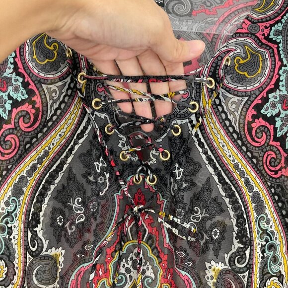 INC International Concepts Colorful Paisley Mesh Lace Up Stretch Blouse XL Boho - Picture 3 of 9